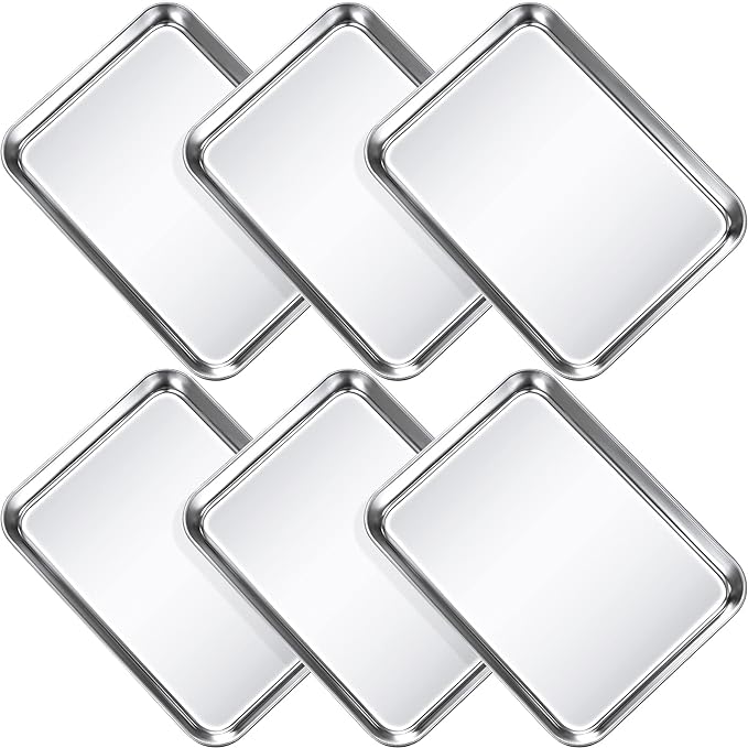 6 Pcs Baking Sheet Pan Set 9 x 6.7 x 1 inches Cookie Sheet Small Toaster Oven Pans Stainless Steel Tray Barbecue Grill Pan Rectangle Trays Oven, Non-stick, Easy Clean