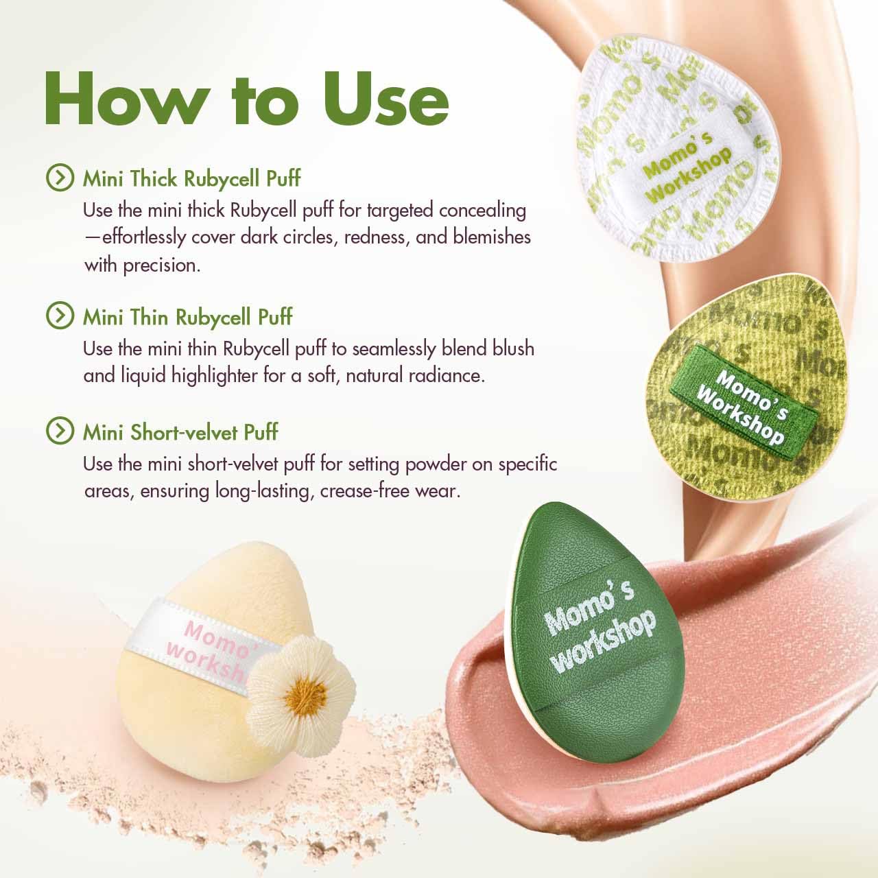 Mini Denim Makeup Sponge Set,Mini Makeup Blenders Sponge for Concealer/Blush/Highlighter, Perfect for Detail Work & Travel,4pcs Green Mini Concealer Puffs with Travel Pouch-BrightBean Baby