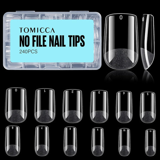 TOMICCA Short Square Nail Tips,Acrylic Gel Tips 240Pcs Fake Nails Full Cover 12 Sizes False Nails Half Matte for Nail Extension Home DIY Salon-BrightBean Baby