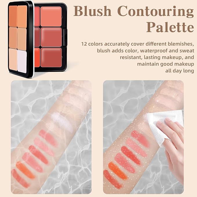 12 Colors Cream Blush Palette, Color Correcting Concealer Foundation Palette, Long Wearing Smudge Proof Blendable Matte Finish Blush Powder Highlighter and Cream Contour Palette Makeup (01)-BrightBean Baby
