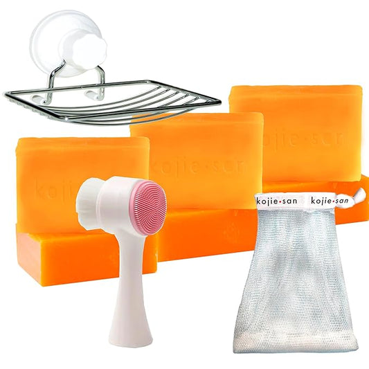 Kojie San Face & Body Skin Brightening Shower 9pc Set - the Original Kojic Acid Soap that Helps Reduce Dark Spots 6 x 135g Bars, Soap Dish and Facial Cleansing Brush…-BrightBean Baby