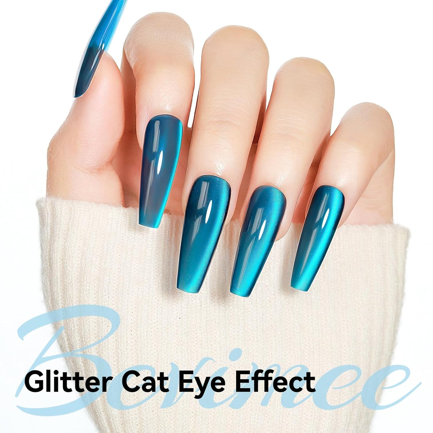 Cat Eye Gel Nail Polish, Sea Blue Jelly Glass Magnetic Nail Polish Magic Holographic Effect, Glitter UV Gel Sparkle Crystal Color for Nail Salon DIY At Home-BrightBean Baby