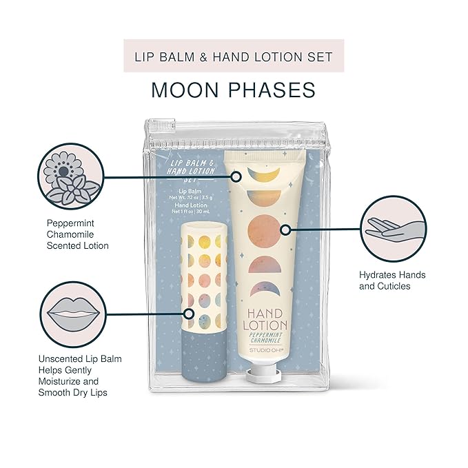 Studio Oh! Lip Balm & Hand Lotion Set - Travel-Size Toiletries, 2-Piece Gift Set - Moisturizing, Portable - Moon Phases-BrightBean Baby