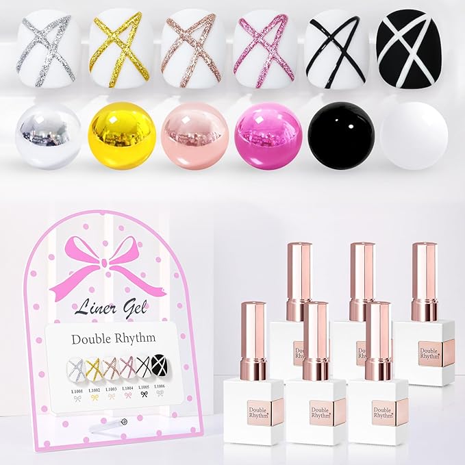 Double Rhythm 6 Pcs 15 ML Gel Liner Polish Nail Art Set Chrome Metallic Glitter Soak Off Gel Polish Kit Nail Art Manicure Salon DIY at Home for Women (Gold Silver Black White-T6-52)-BrightBean Baby
