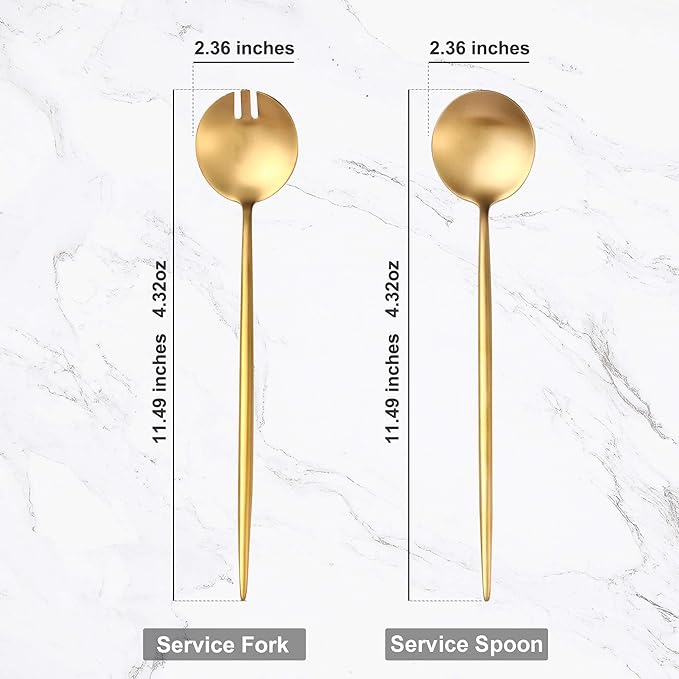 Lemeya Gold Salad Serving Utensils,Serving Spoons Stainless Steel,2Pcs Long Handle Salad Servers 11.42 Inch,Salad Utensils for Serving,Matte Finish,Dishwasher Safe