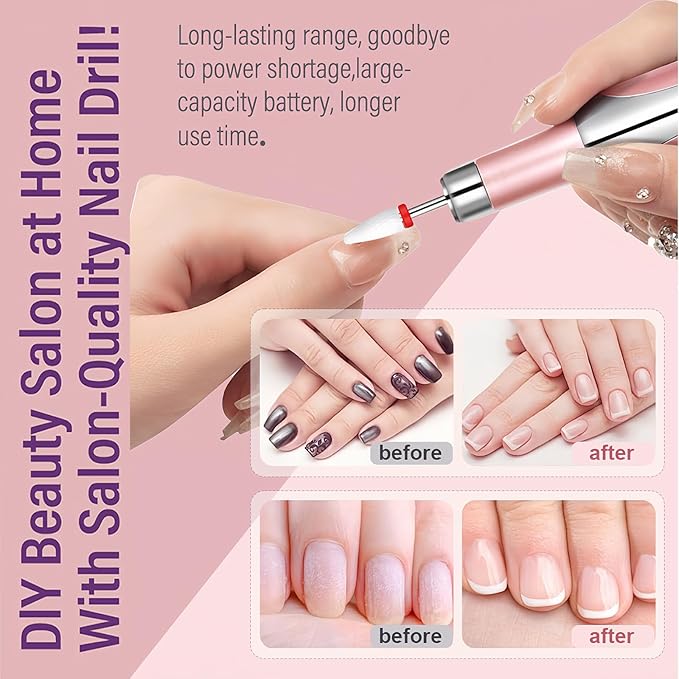 Electric Nail Drill File Cordless,Portable Rechargeable Nail File Kit for Acrylic & Gel Nails,Professional Efile for Manicure Pedicure Polishing,with 12 Nail Drill Bits 31 Sanding Bands,Rose Gold-BrightBean Baby