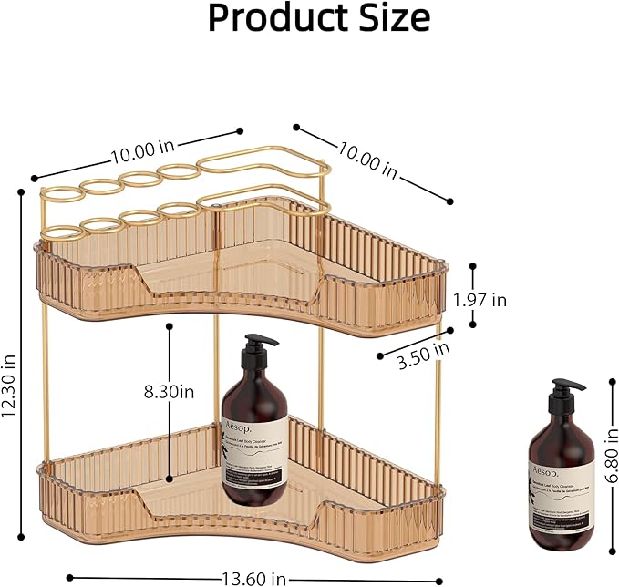 Corner Bathroom Counter Organizer with Top Toothbrush Holders, 2-Tier Make Up Organizers for Vanity with Brush Holder, Corner Storage for Bathroom, Kitchen, Dresser-BrightBean Baby