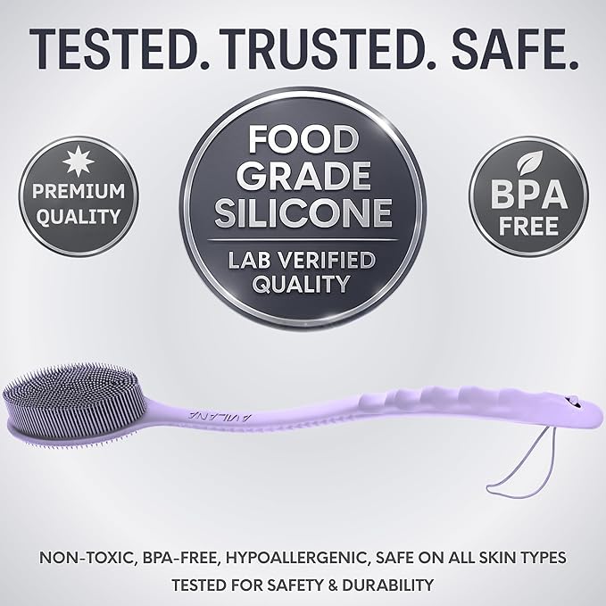 Avilana Silicone Body Scrubber – Gentle Shower Brush & Loofah Alternative- Food Grade & Lab Tested – Fast-Drying, Hygienic, BPA-Free Silicone Body Gentle Exfoliator (Lavender, Long Handle)-BrightBean Baby