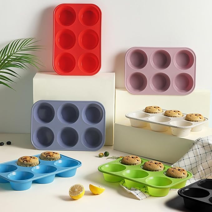 2 Pack 6 Cups Silicone Jumbo Muffin Pan with Metal Reinforced Frame Silicone Molds Cupcake Cake Baking Pans Egg Bites Muffin Tin Tart Pans Bundt Pan Reposteria Accesorios Moldes Para Pasteles