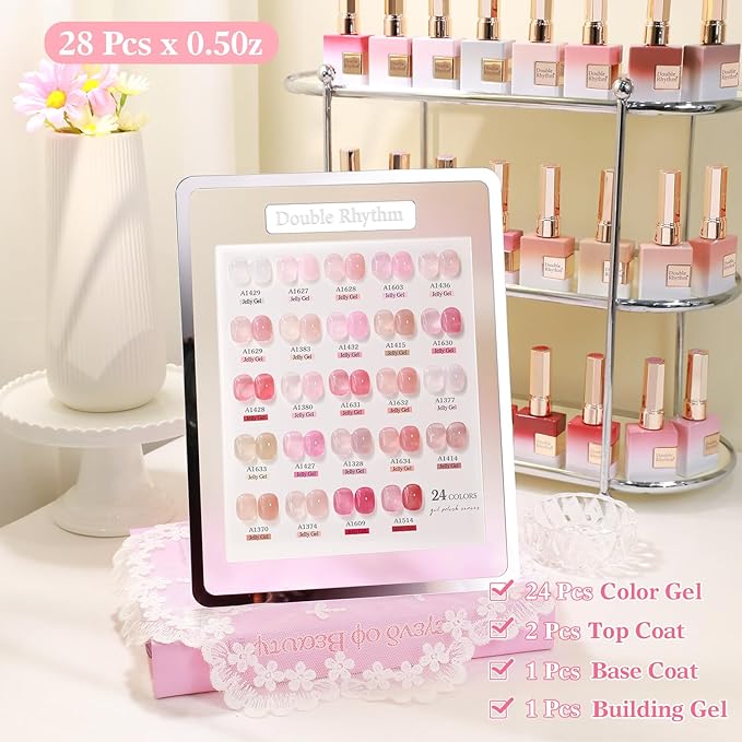 Double Rhythm 28Pcs 0.5Oz Gel Nail Polish Set Same Color Same Bottle Soak Off Gel Polish Kit Nail Art Manicure Salon DIY at Home for Women (Jelly Sheer Clear Collection-T24-8)-BrightBean Baby