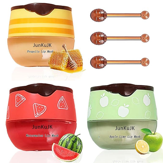 3 Pcs Bee Lip Balm Honey Pot with Stick,Moisturizing Lip Mask Overnight,Day and Night Tinted Sleeping Lip Balm,Hydrating Lip Scrubs Exfoliator & Moisturizer-BrightBean Baby