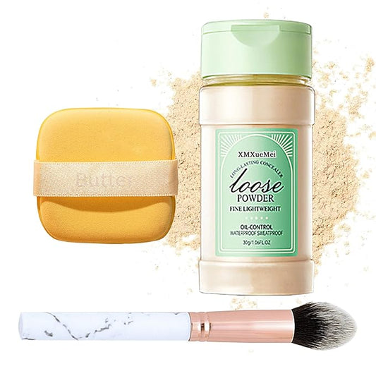 Lightweight Setting Powder,Waterproof Oil Control Translucent Face Powder,Smooth Long Lasting Matte Finish Loose Powder with Face Makeup Brush & Powder Puff（Natural Color）-BrightBean Baby
