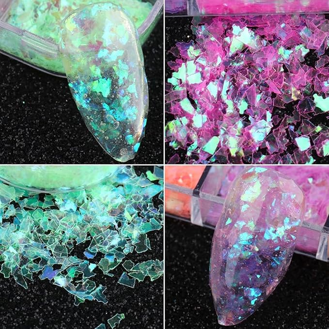 12 Colors Holographic Nail Art Glitter Sequins Iridescent Ice Slag Nail Glitter Laser Nail Art Flakes Colored Fluorescent Glass Paper Nail Sticker Decoration for Face Hand Body Make-Up DIY-BrightBean Baby
