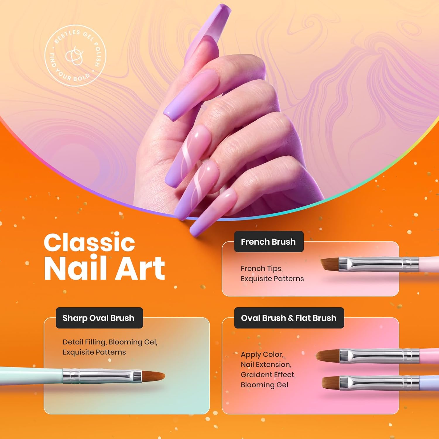 Beetles Gel Polish Nail Art Brushes, 6 Pcs Fingernail Art Design Pens, Wood Alloy Handle, Dotting Pen Clean Up Liner French Nail Brush Set, DIY Manicure Tools Gift for Women-BrightBean Baby