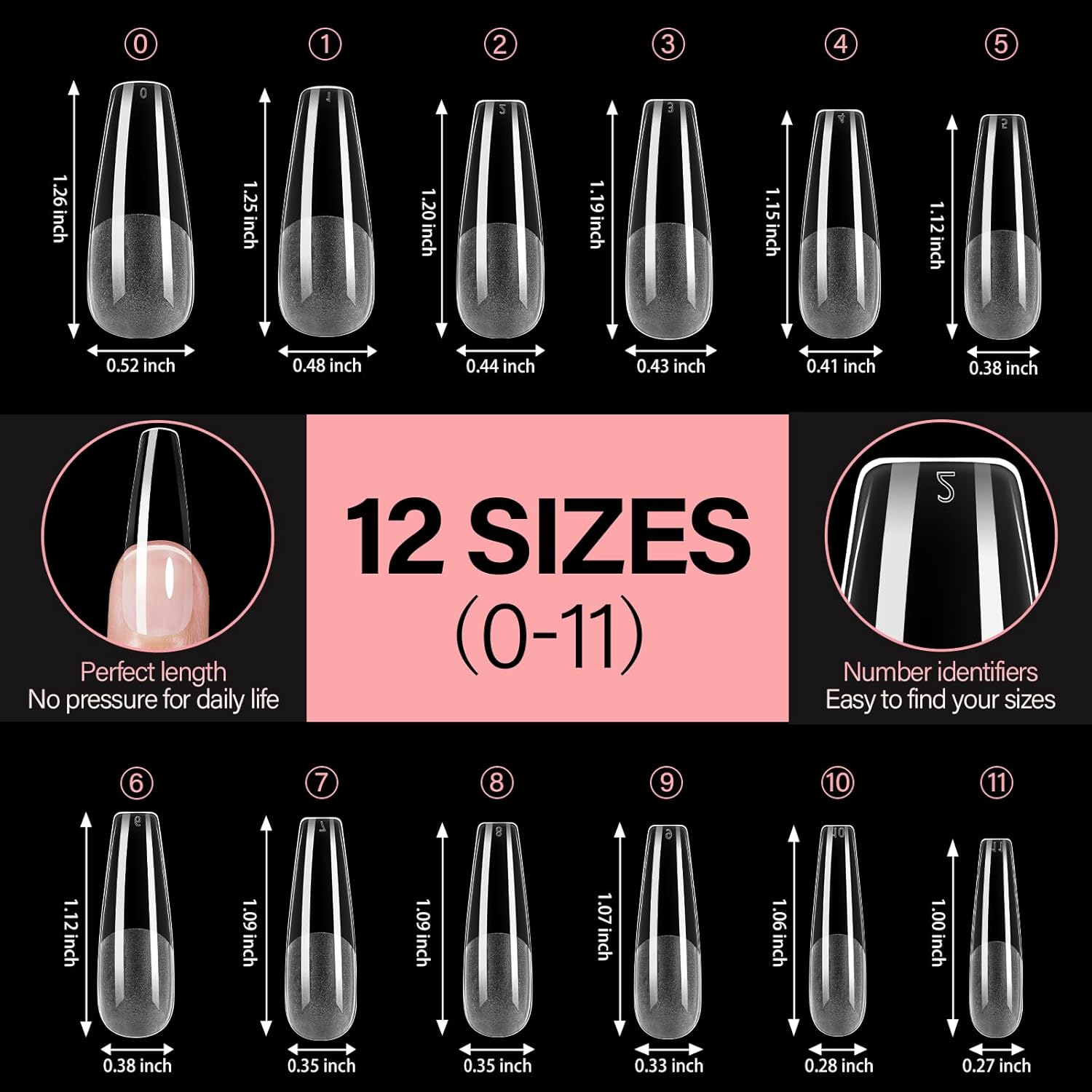 AILLSA Long Coffin Nail Tips Half Matte Full Cover Nails Tips Clear Acrylic Pre-Shaped Tips Flase Press on Nail Tips for Extentions Nails Manicure Salon DIY 216PCS 12 Sizes-BrightBean Baby