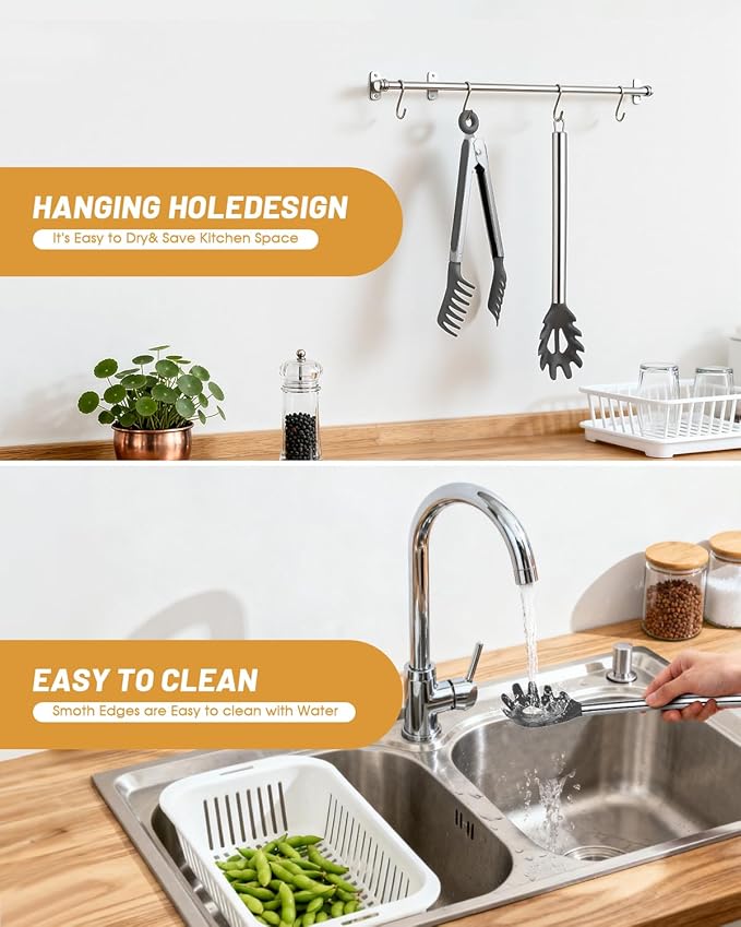 Spaghetti Spoon and Pasta Tong with Grip Teeth and Drain Holes, 2-Piece Non-Stick Silicone Head with Stainless Steel Handle, Heat Resistant Food Grade Utensils for Cooking, Serving, Salad and Noodles