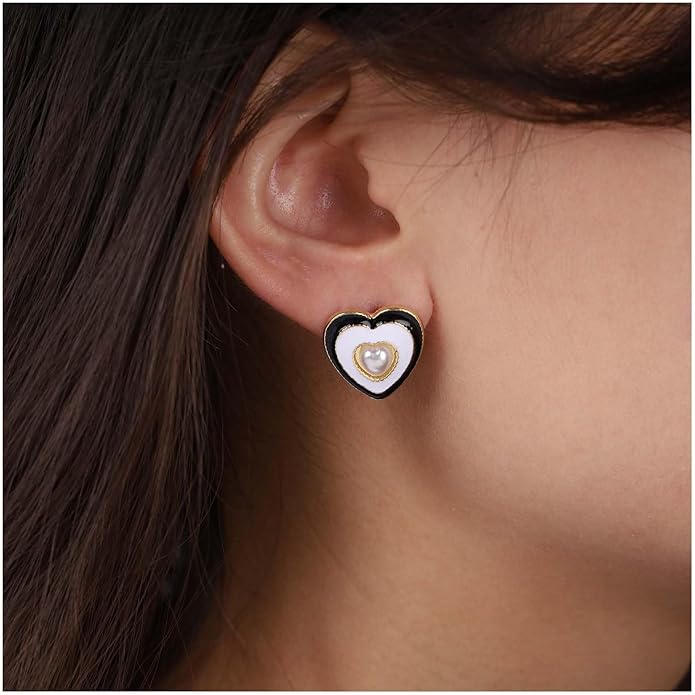 Vintage Pearl Heart Stud Earrings Enamel Heart Earrings Heart Love Earrings White Minimal Earrings Jewelry for Women-BrightBean Baby