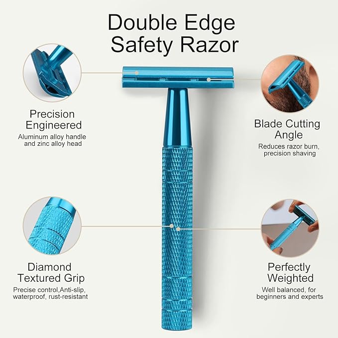 Double Edge Safety Razor, Single Blade Razors for Men and Women, with 10 Stainless Steel Safety Razor Blades, Smooth and Close Wet Shaving, Plastic Free, Blue-BrightBean Baby