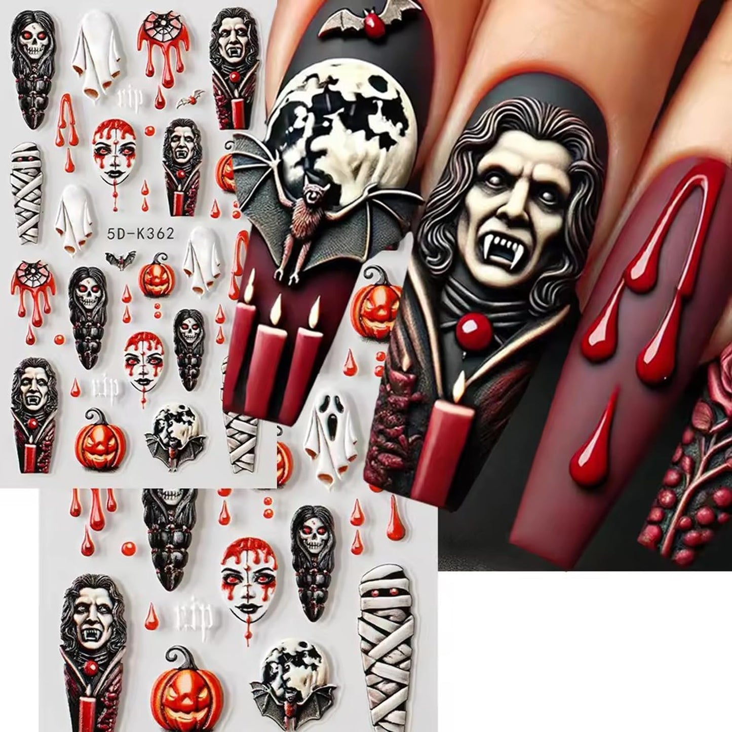 2 Sheets Halloween Nail Art Stickers 5D Embossed Horror Ghost Nail Stickers Big Red Lips Pumpkin Devil's Flame Eye Bat Design Terror Spider Mummy Nail Decals for Women Acrylic DIY Nail Decorations-BrightBean Baby