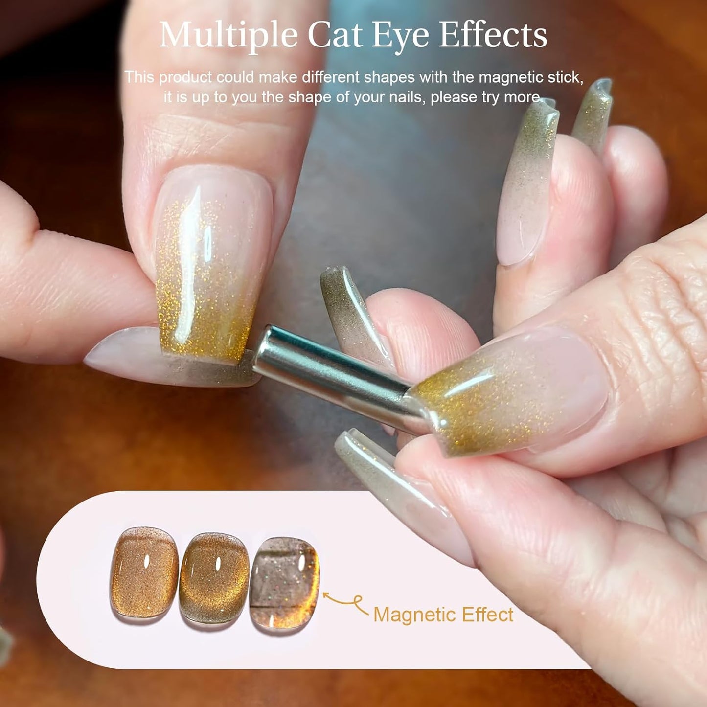 Cat Eye Gel Nail Polish with Magnet Stick, 15ml Glitter Holographic Nail Polish, Magnetic Effect Gel for Home DIY Manicure Gift, Champagne Gold-BrightBean Baby