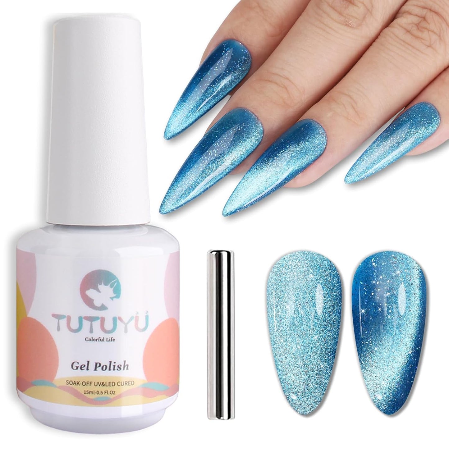 Blue Cat Eye Gel Nail Polish,Iridescent Quicksand Galaxy Holographic Blue Cateye Gel Polish with Magnet, Shimmer Velvet Soak Off Uv Led Home Diy Manicure - GP0102-BrightBean Baby
