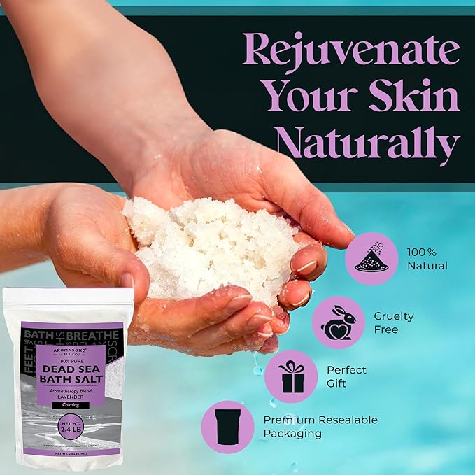 Aromasong Pure Dead Sea Salt for Soaking with 100% Natural Lavender, 2.43 LB - Spa Bath Salt Fine Grain - Body Wash Scrub - Soak for Women & Men- Bulk Resealable Pack-BrightBean Baby