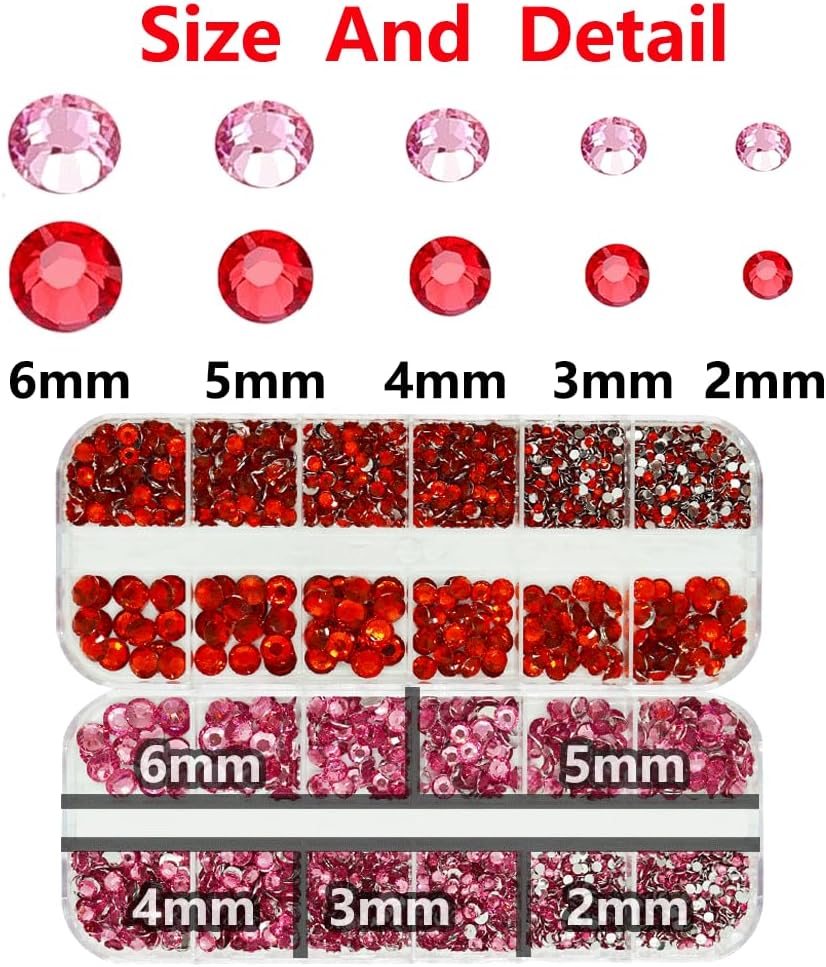 Pink and Red Rhinestones with Glue(S8-S30) for Bedazzling,2mm-6mm Non-Hotfix Flatback Nail Gems Beads with B7000, Resin Nail GemsStones Diamond Kit for Bedazzle Crafting, Nails DIY Art Decoration-BrightBean Baby