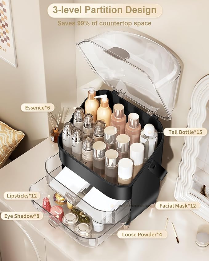 Makeup Organizer, Skincare Holder Bathroom Counter Organizer, Storage Box Cosmetic Display Cases, Teen Girl Gifts Trendy Stuff Make up Organizers for Vanity, Dresser, Countertop (black)-BrightBean Baby