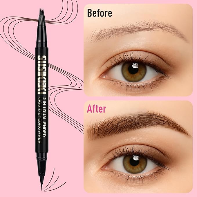 Dual Ended Microblading Eyebrow Pen - 2 in 1 Liquid Eyebrow Pencil with Brow-Fection Angled Brush & Precise Detail Brush-Tip, Shapes & Fills Hair-Like Looking Brows, Lasts All-Day, Dark Brown-BrightBean Baby