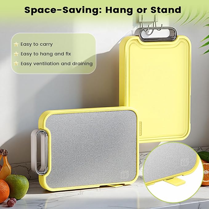 Titanium Cutting Board for Kitchen, Cutting Boards Non Toxic Double Sided Metal Pure Titanium and Wheat Straw PP Chopping Board Food Grade Easy to Clean Large Size 16"*10"*0.9"(Yellow)