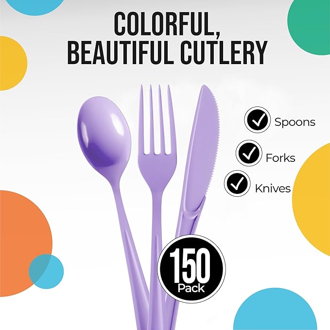 Party Solids Lavender Plastic Silverware Heavy Duty 150 Pieces Lavender Plastic Cutlery Sets, Utensil Sets, 50 Of Each Forks, Knives & Spoons Disposable Cutlery Set, Flatware Set For Party Supplies