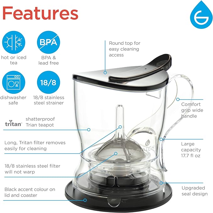 GROSCHE Aberdeen Tea Infuser Teapot & Smart Tea Maker - BPA-Free, Drip-Free Design | Coaster | Easy Brew | Easy Clean Steeper | Loose Leaf Brewing - Stylish Design | 17.7 oz - 525 ml - Black
