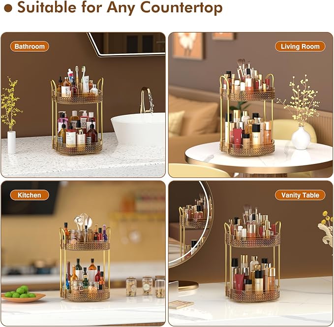 Awenia Rotating Makeup Organizer 360, Stackable Adjustable Large Capacity Cosmetic Storage Unit,Dresser Bathroom Kitchen Countertop Organizer with Metal Handle, Plus Size (Honorable Gold, 2 Tier)-BrightBean Baby