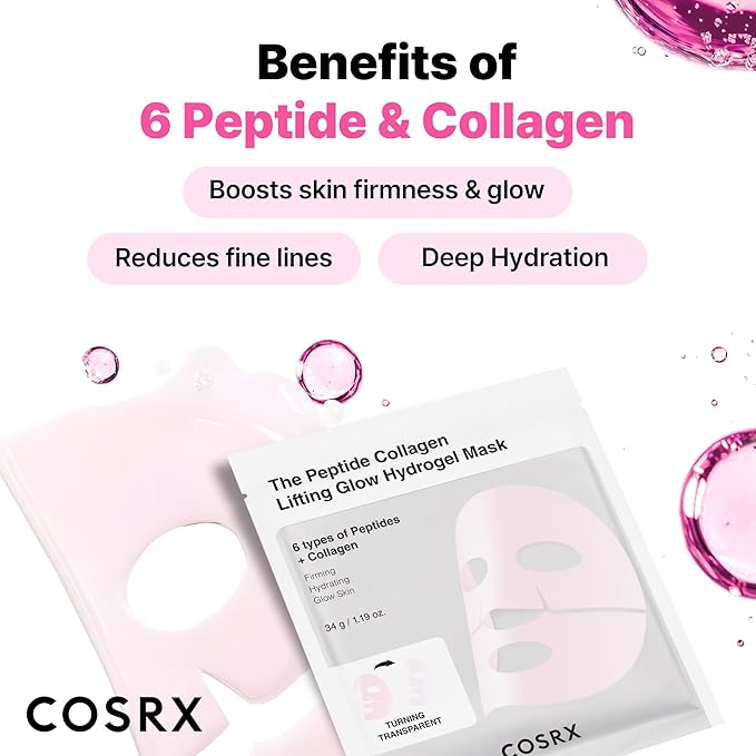 COSRX The Peptide Collagen Lifting Glow Hydrogel Face Masks Skincare 3 EA, Collagen Face Mask, Travel Essentials, Overnight Face Mask, Korean SkinCare-BrightBean Baby