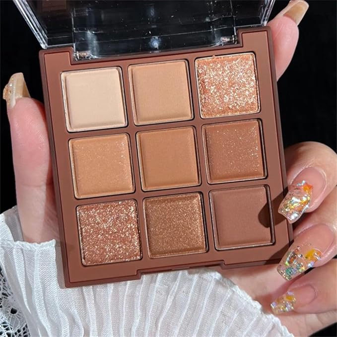 Erinde 9 Colors Eyeshadow Palette, Matte Shimmer Glitter Eye Shadow Palette Makeup, Highly Pigmented Long Lasting Waterproof, Natural Neutral Nude Eyeshadow Makeup Pallet, Chocolate Brown-BrightBean Baby