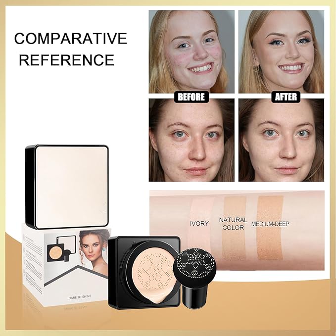 Air Cushion CC Cream Mushroom Head - Moisturizing & Oil Control Screw Lid Concealer Makeup Base, Primer Liquid Foundation Long Lasting with Mushroom Makeup Sponges for All Skin Types (Natural)-BrightBean Baby