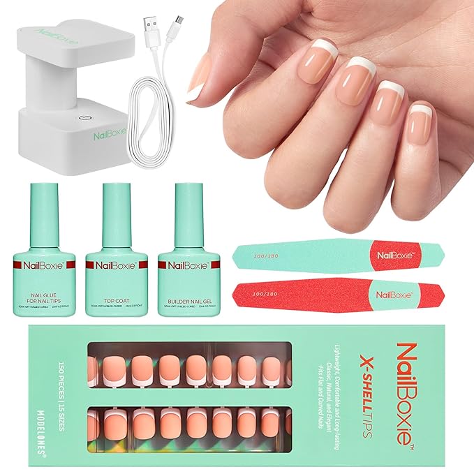 Modelones Gel Nail Kit, Press On Nails Kit with LED Light, 150 PCS Extra Short Pink Square, 15 Sizes French Tip Press on Nails, NailBoxie Pre-Colored Nail Tips for Easy DIY Nail Art-BrightBean Baby