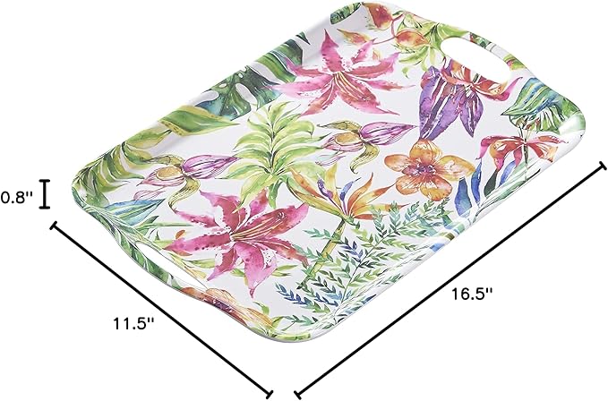 Blue Boat 16.5" x 11.5" Rectangular Serving Trays Set of 2 Floral, Light Weight Easy to Clean Sturdy Stackable Melamine Serving Tray with Handle, Fruit, Snacks, and Desserts Trays