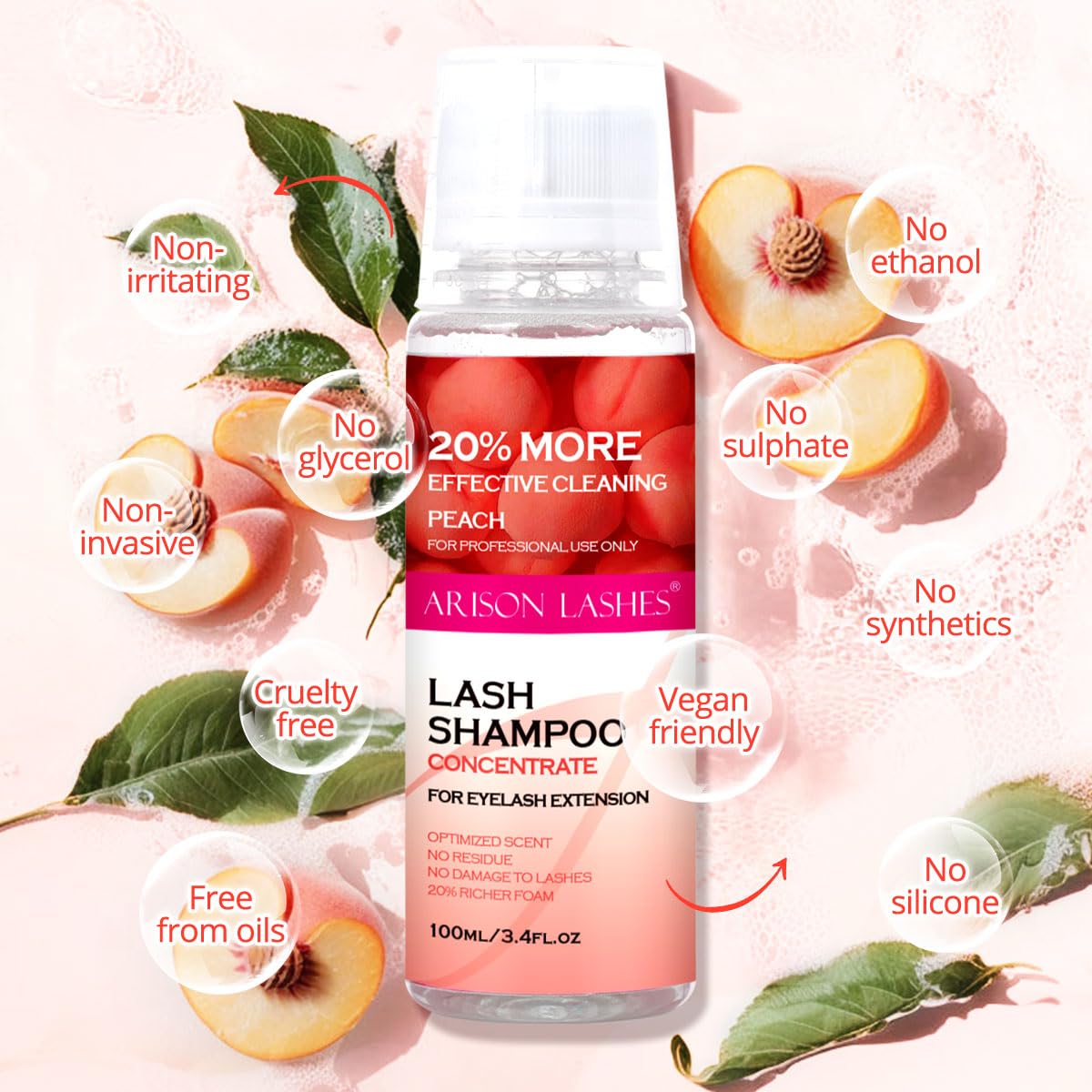 ARISON LASHES Lash Shampoo Concentrate for Lash Extensions 100ML Eyelash Cleanser Concentrate Oil-Free Eyelash Extension Shampoo with Salon Home Care(Peach)-BrightBean Baby