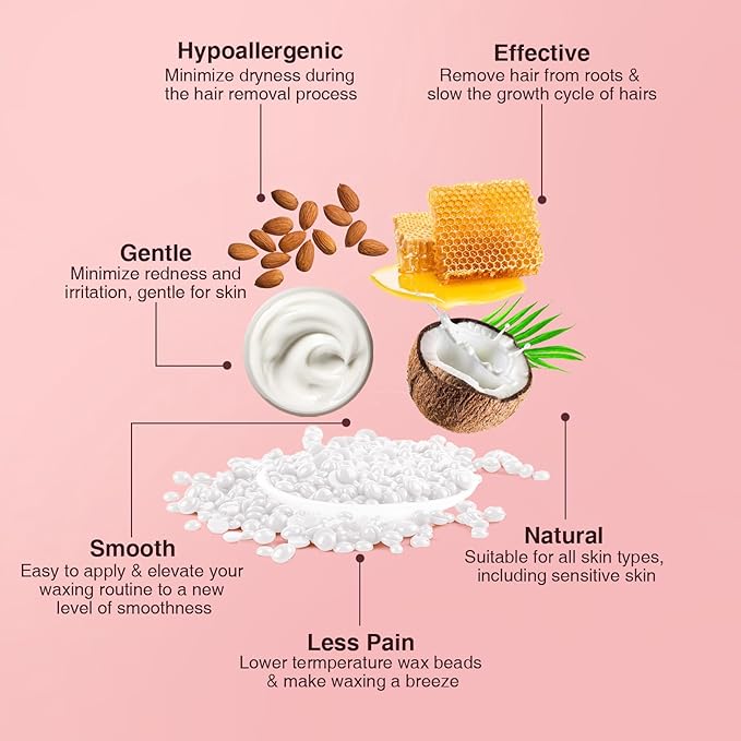 Hard Wax Beads for Hair Removal, Yovanpur Waxing Beane for Brazilian Waxing, Wax Beans for Sensitive Skin, Face Eyebrow Legs At Home Pearl Beads, 300g /bag with 10pcs Sticks(Pearl)-BrightBean Baby