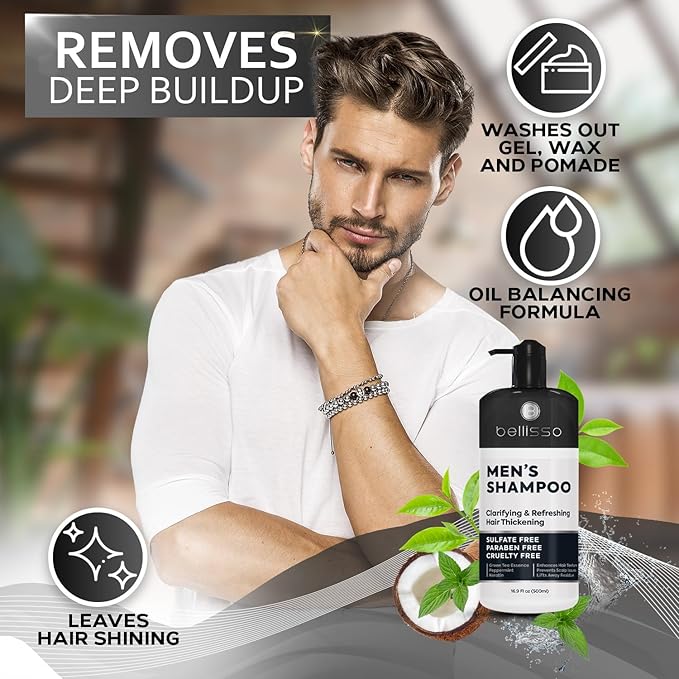 Shampoo for Men - Tea Tree Oil and Peppermint - Sulfate Free, Paraben Free - Clarifying, Refreshing, Volumizing & Moisturizing Hair Thickening Formula - Ideal for Oily Hair, Dry Scalps and Build Up-BrightBean Baby
