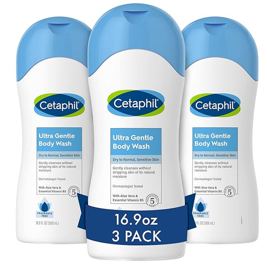 Cetaphil Ultra Gentle Refreshing Body Wash, For Dry To Normal, Sensitive Skin, Aloe Vera, Vitamin B5, Hypoallergenic, Dermatologist Tested, Fragrance Free, 16.9oz Pack of 3-BrightBean Baby