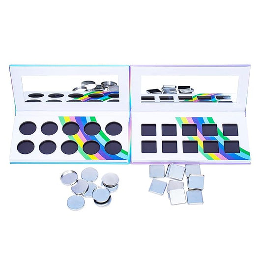 2PCS PU leather pastel sparkle empty magnetic palette with 10Pcs 26mm Round Metal Pans and 10Pcs 23mm square Metal Pans,DIY Eye Shadow makeup palette,elastic, flexible and lubricated, waterproof and easy to clean (Suit-1)-BrightBean Baby