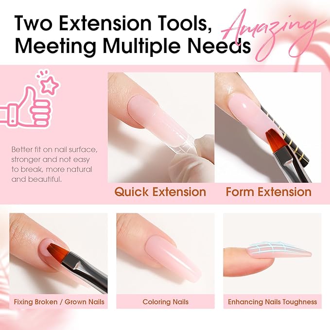 ROSALIND Poly Nail Gel Kit -12 Colors + Nail Art Accessories kit Clear Nude Poly Nails Gel Kit Starter Kit With Slip Solution Pro Nude Pink Nail Extensions Gel Set with Mini UV Lamp-BrightBean Baby