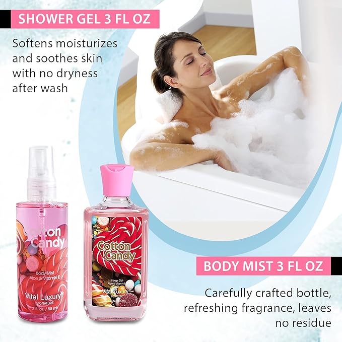 Cotton Candy Bath & Body Kit, 3 Fl Oz, Ideal Skincare Gift Home Spa Set, Includes Body Lotion, Shower Gel, Body Cream, and Fragrance Mist, Birthday Mother's Day Gifts-BrightBean Baby
