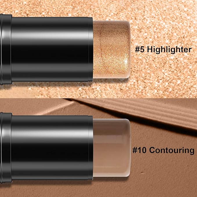 2Pcs Cream Contour Stick Makeup Kit, Cream Highlighter Stick and Bronzer Contour Stick with Longwear Waterproof Formula for Brightening and Trimming the Cheeks, Makeup Brush Include (#05, 10)-BrightBean Baby