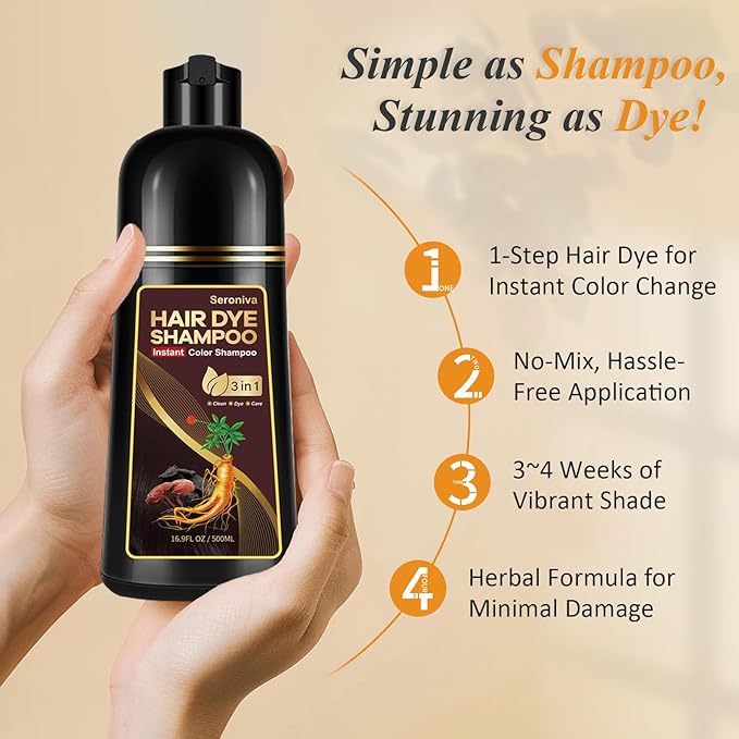 Dark Brown Hair Dye Shampoo for Gray Hair, Natural Color Shampoo Hair Dye for Women & Men, Hair Instant Dye Shampoo Colors Hair in Minutes, Champu Para Canas, 3-in-1 Shampoo for Dyeing Gray, 500 Ml-BrightBean Baby