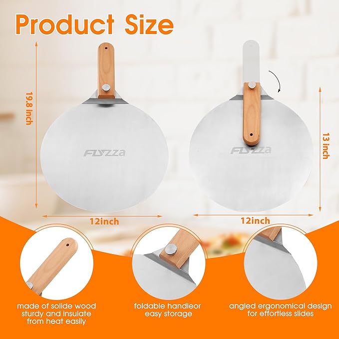12 inch Stainless Pizza Peel for Large Oven, Pizza Spatula with Foldable Wood Handle for Indoor & Outdoor Pizza Oven Baking, Turing Peel for Pizza, Dough, Bread Pastry
