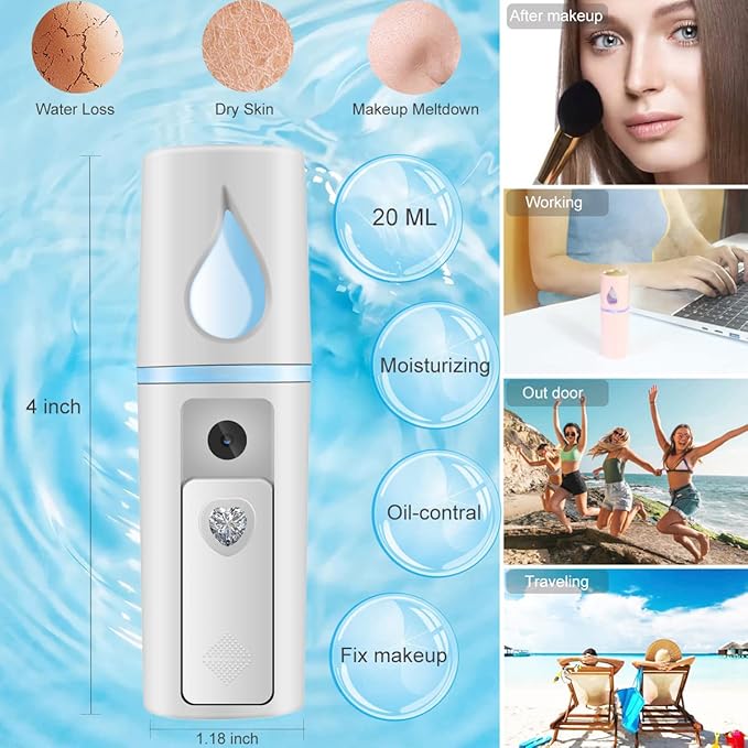 Nano Facial Mister Portable Mist Sprayer with Mirror Mini Cool Mist Spray for Skin Care & Facial Body Moisturized & Eyelash Extensions, USB Rechargeable (White)-BrightBean Baby