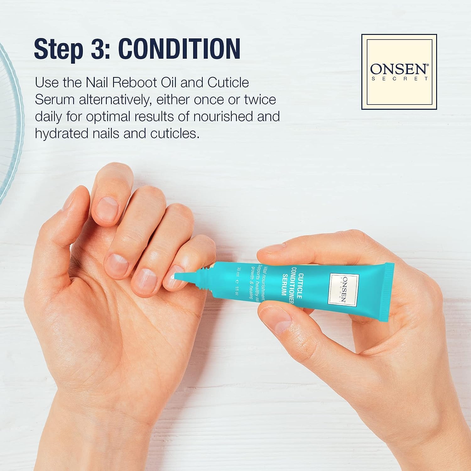 Onsen Secret Complete Nail Reboot Kit w/Nail Reboot Oil 10ml, Nail File 120/180 Grit Double Sided, A 3-Way Nail Buffer Block & Cuticle Serum-15ml w/Cuticle Oil in Action-Super Value Pack-BrightBean Baby